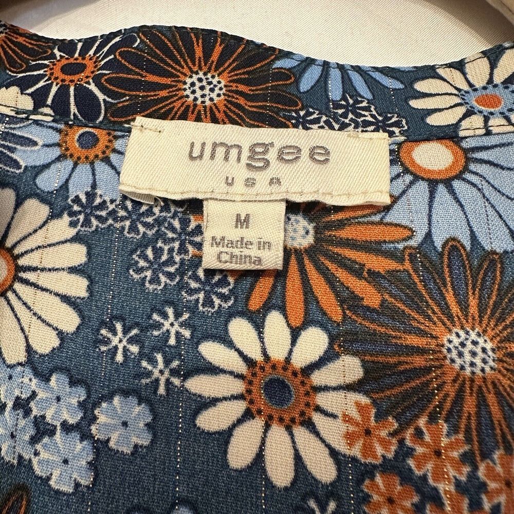 Umgee Size Medium VNeck Blue Orange Floral Boho Mini Dress Tunic Top Long Sleeve - Picture 4 of 5